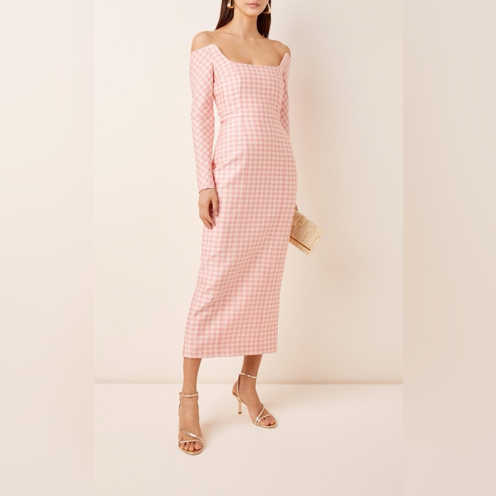 EMILIA WICKSTEAD Birch Pink Gingham Long Sleeve Midi Dress Off the Shoulder